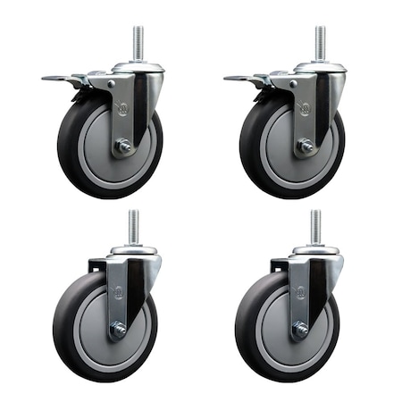 5 Inch Thermoplastic  Rubber Swivel 58 Inch Threaded Stem Caster Set 2 Total Lock Brakes